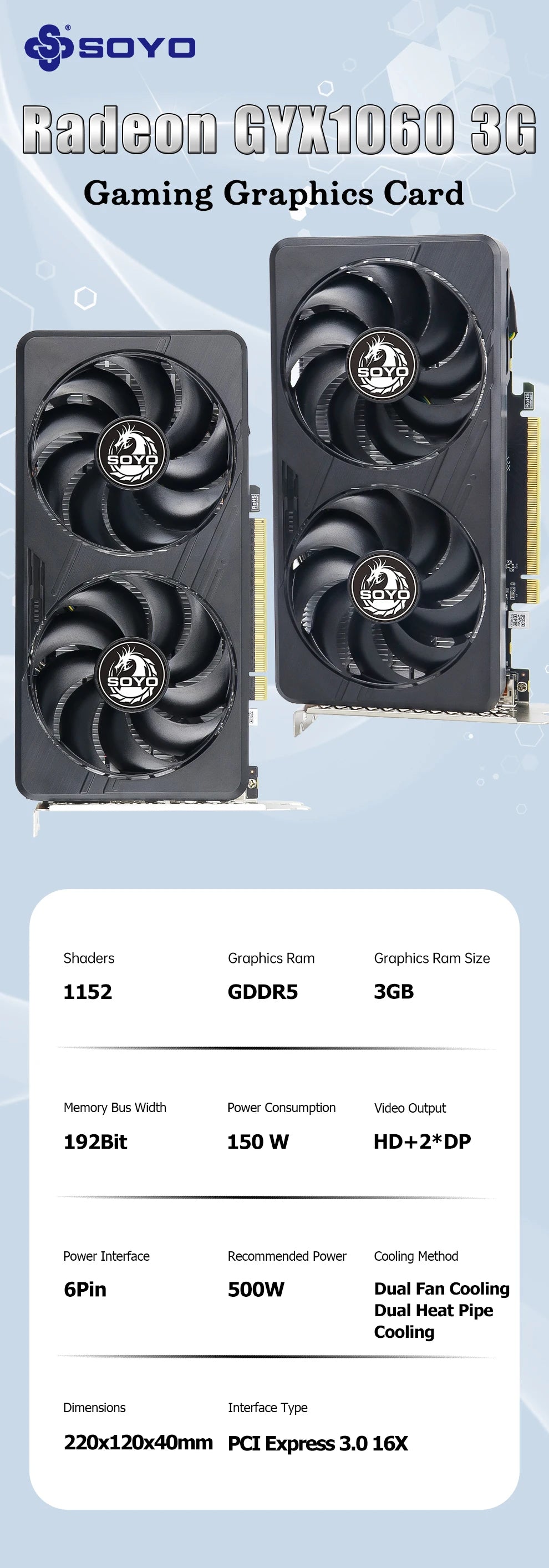 SOYO Graphics Cards GTX1060 6G/3G DDR5 192bit HDMI compatibility+DP*2 For Desktop Gaming Computer Components GPU Video Card.