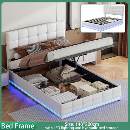 Anajqaqia Doppelbettgestell, mit LED-Beleuchtung und hydraulischem Bettrahmen, 140 x 200 cm, Weiß