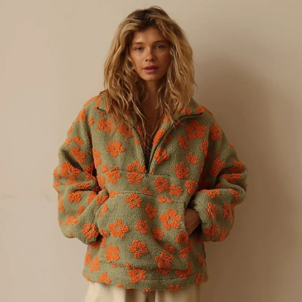 Sumuyoo Autumn Winter Women's Sherpa Floral Pullover Hoodies Half Zip Style Loose Fit Warm Stylish New Sweatshirt.