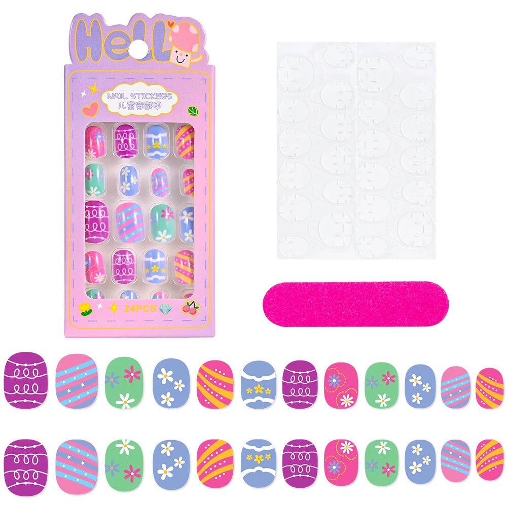 24Pcs/box Kids nails for Girl Cartoon Pattern False Nail Cute Child Fake Nails Tips Kawaii Acrylic Artificial Press on Nail+Tool