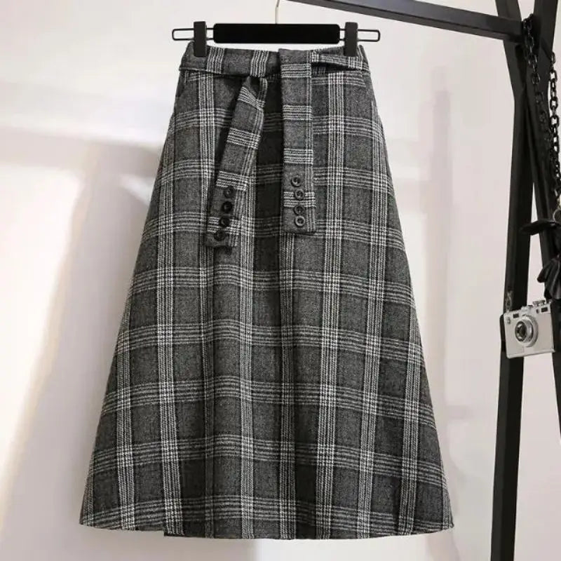 Khaki Plaid Vintage A-line High Waist Lace Up Buttons Loose Women's Skirt Mid-Calf Long Skirts For Women Clothing Fashion 2024.