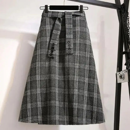 Khaki Plaid Vintage A-line High Waist Lace Up Buttons Loose Women's Skirt Mid-Calf Long Skirts For Women Clothing Fashion 2024.