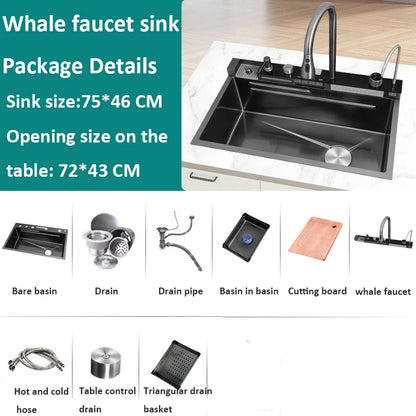 Whale sink kitchen single bowl nano black honeycomb LED digital display flying rain stainless steel large single bowl sink