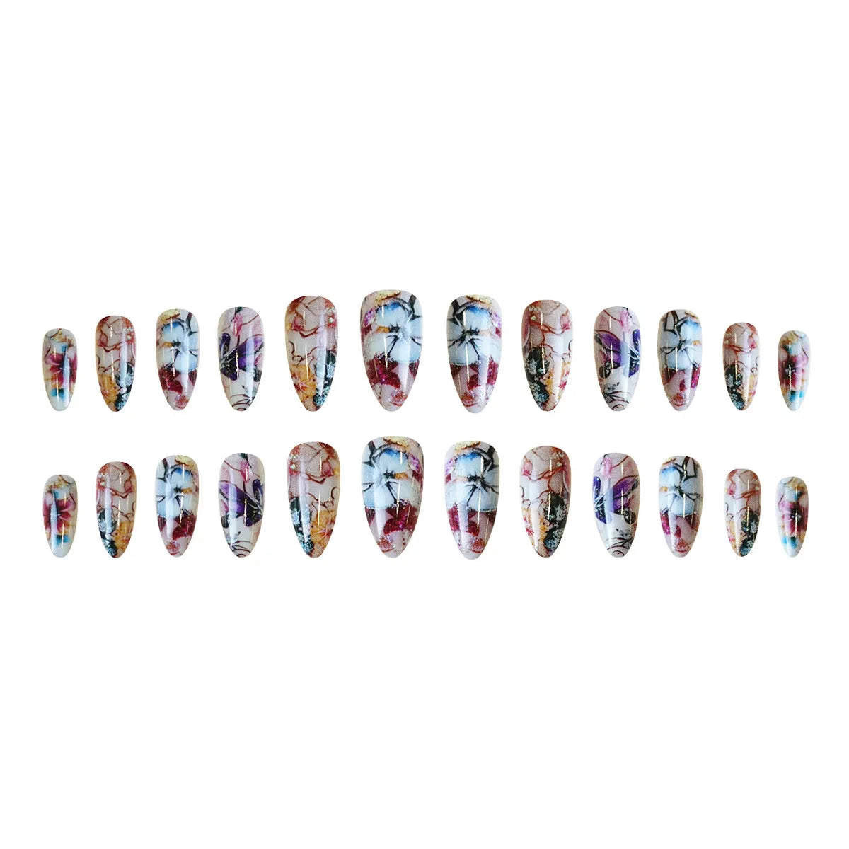 24pcs/set Medium long square fake nails for women girls cute heart flowers feather butterfly design press on false nail art tips