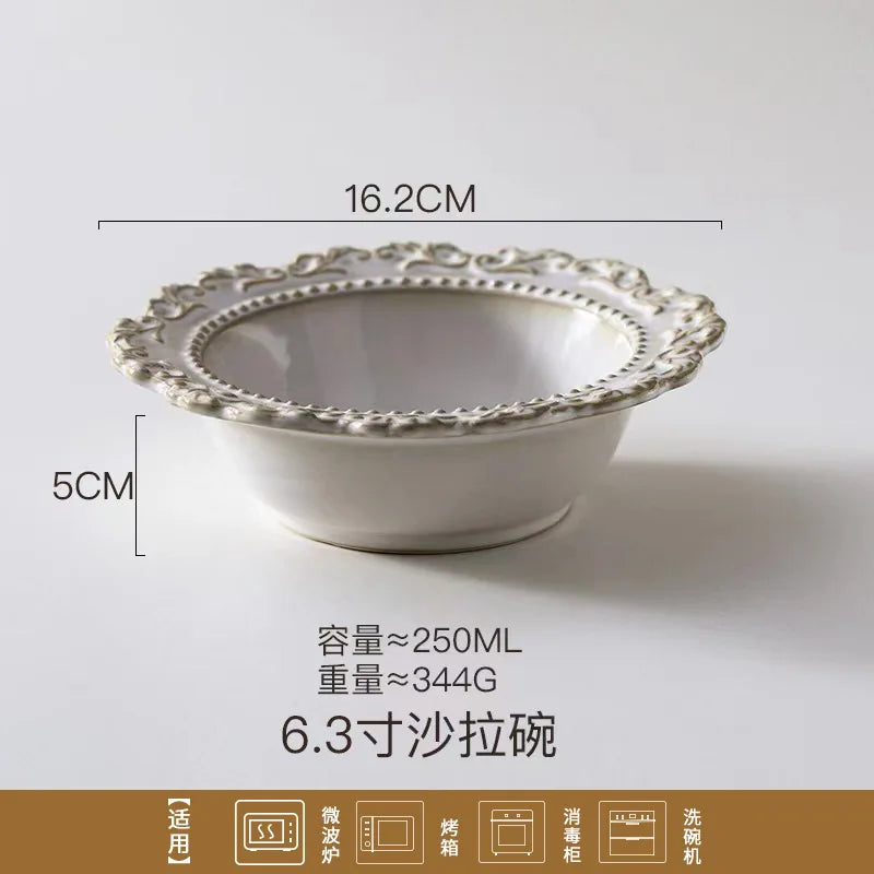 French Baroque Retro Relief Court Style Ceramic Dinner Plate European Tableware Western Food Plate Soup Plate Bowl Set