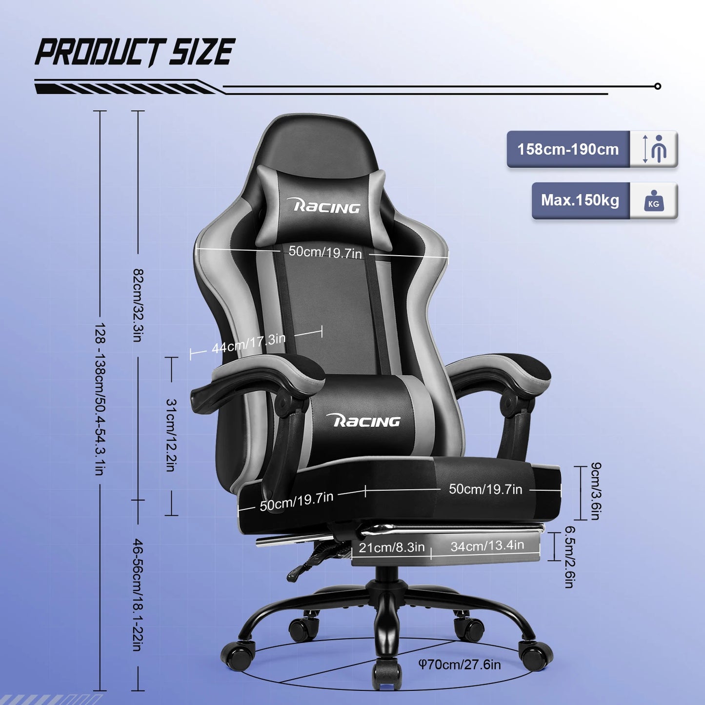 Daccormax Ergonomischer Gaming-Stuhl mit Fußstütze, Liegestuhl 170 ° , Rennstuhl aus PU-Leder mit Lordosenstütze und Kopfstütze