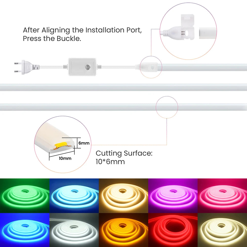 Dimmable COB LED Neon Light Strip 220V Dimmer Power Kit Waterproof 10 Colors 5m 10m 20m 30m 0.5m 288LEDs/m Flex Tube Lamp Decor.