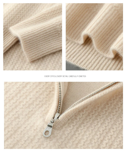 Men's 100% Merino Wool Thicken Sweater Half Zipper Mock Collar Pullover Autumn Winter Cashmere Knitwear Business Casual Clothing.