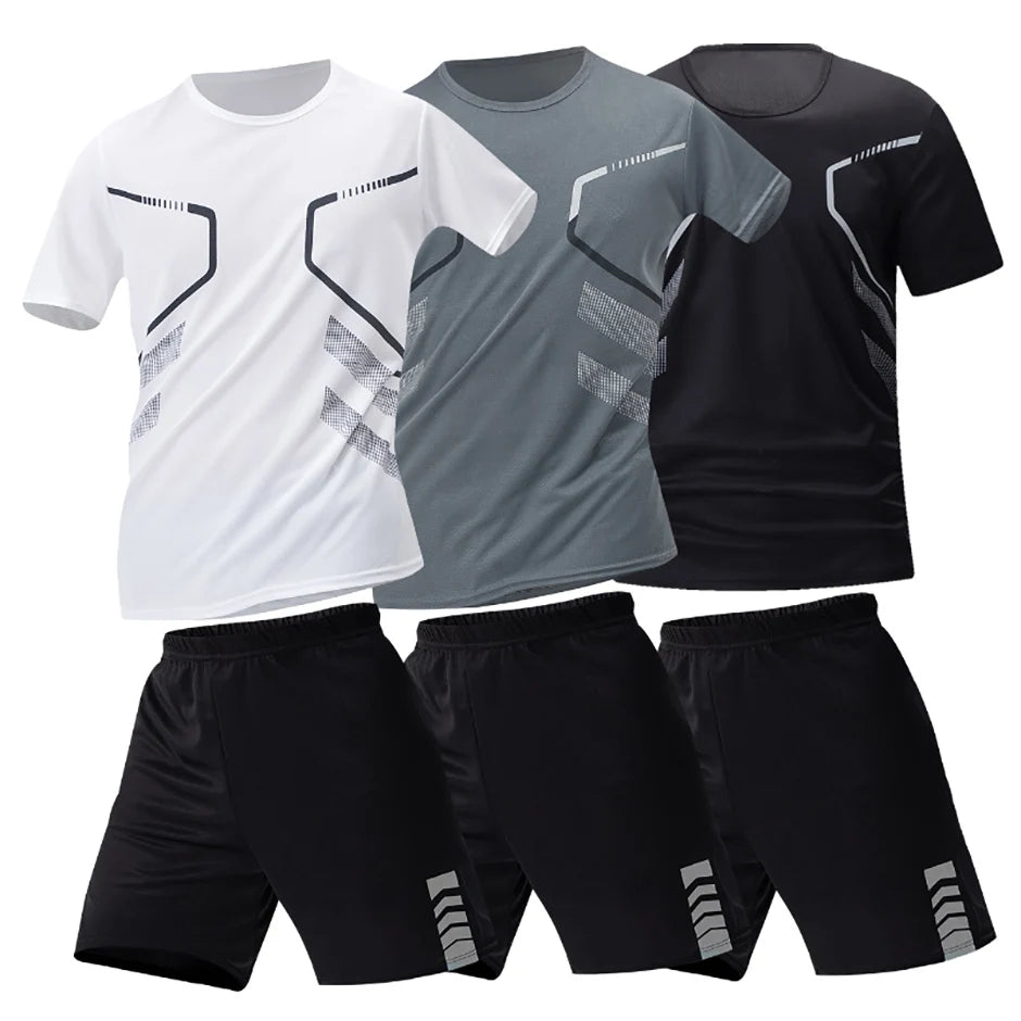 2-pcs Men's Quick-drying Exercise Black-and-white Suit Running Fitness Breathable Short Sleeve Comfortable Joker Playing Shorts.