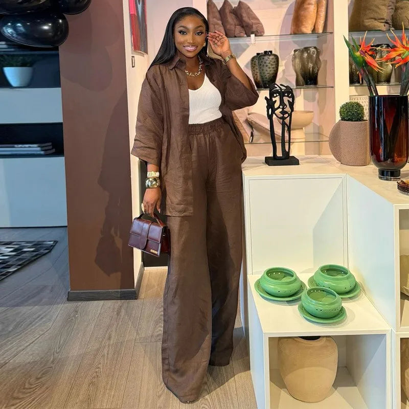 Spring and summer casual shirt long pants two-piece set 2025 new women's fashion lapel loose suit women's daily wear.