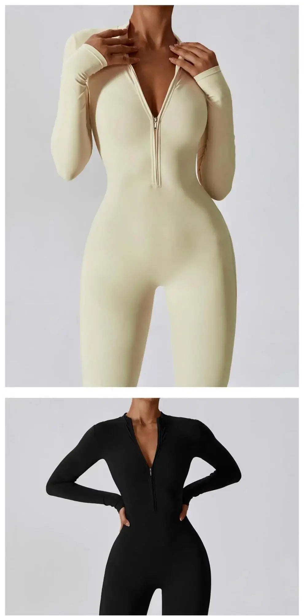 Fall New Long Sleeve Zipper Tight Butt Show Fitness Pants Women Running Sports Training Yoga Clothes Black One-Piece Suit.