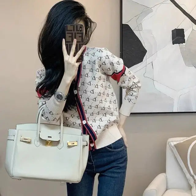 Women Knitwear Fashion Letter Jacquard Thin Cardigan Spring Slim Y2K V-neck Long Sleeve Tops Commute Vintage Sweaters.