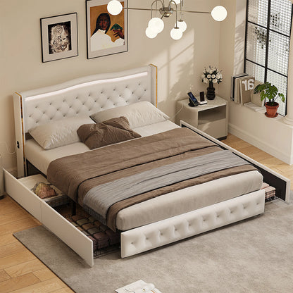 Lazyspace Diamond Embellishment Luxuriöses weißes PU-Polsterbett, Bettrahmen-Kopfteil mit bunten LED-Leuchten und USB-Anschluss