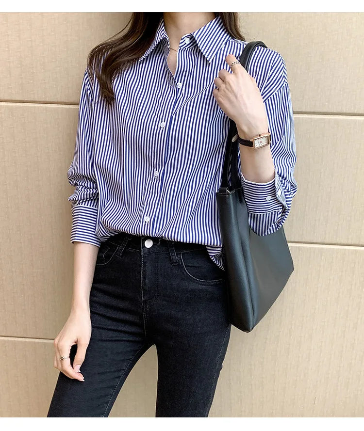 1pcs Woman Four Season Stripe Shirts Lady Casual Long Sleeve Turn-down Collar Loose Shirt Female Business Attire Korean Tops.