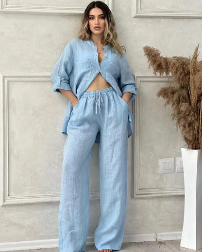 Spring Autumn Two Piece Sets 2024 Women Casual Long Sleeve Pocket Shirts 2 Piece Set Fashion Loose Wide Leg Pants Suit Outfites.
