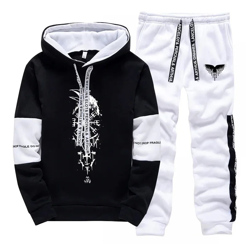 Fall Winter Daily Casual Sporty Jogger Sportswear Viking Raven Print Outfits 2025 New Fashion Men's Tracksuit Hoodies Sweatpants.