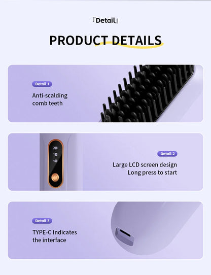 Electric Heating Straight Hair Comb LCD Screen USB Wireless Portable Negative Ion Styling Tool Rechargeable Straightening Brush