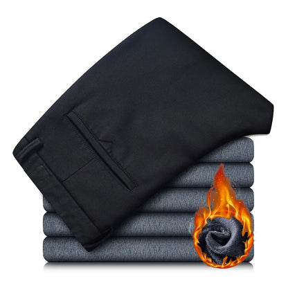 Winter Casual Men Classic Style Business Warm Plush Trousers Regular Thick Fur Pants Male Fleece Elastic Straight Formal Pants.