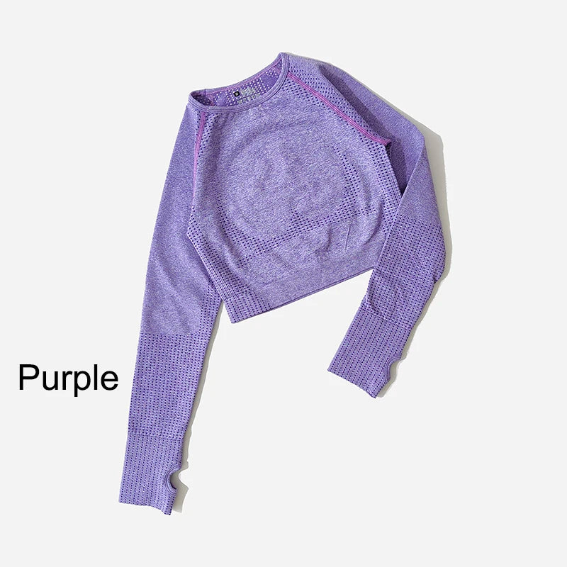 Women Seamless Long Sleeve Crop Top Yoga Shirts with Thumb Hole Running Fitness Workout Gym Sports Top Shirts Sportswear