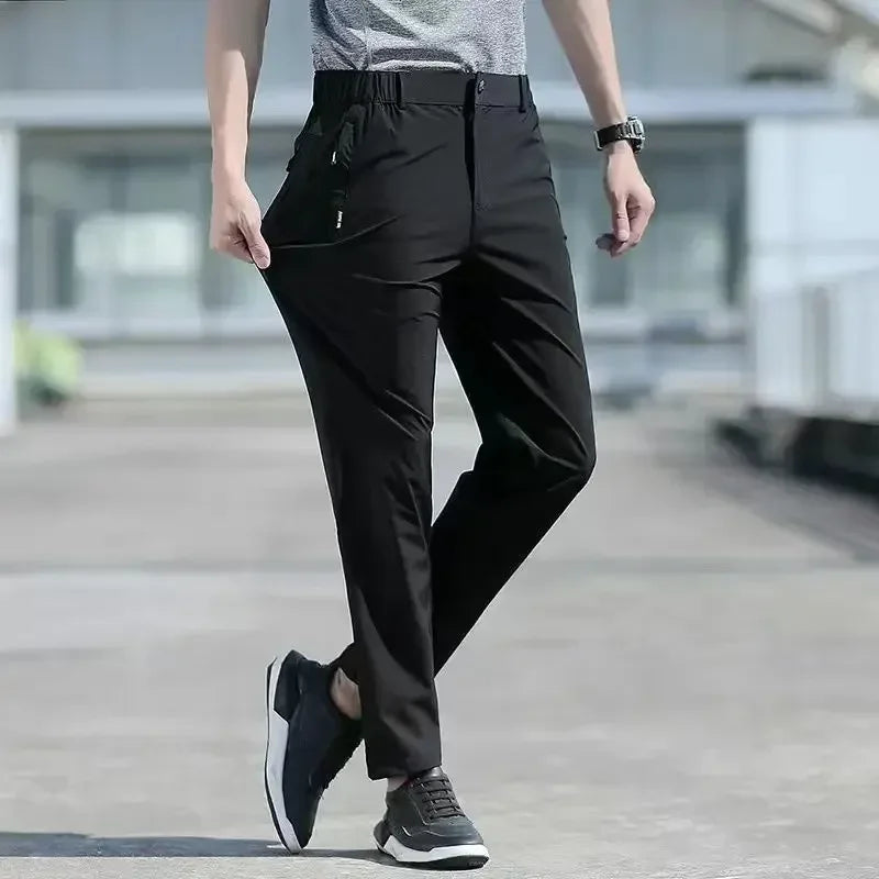 Ice Silk Men's Summer Pants Elastic Waist Straight Leg Trouser Male Quick Dry Big Size Large Plus Stretch 6XL 7XL Work Outdoor