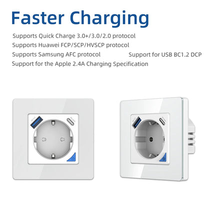 Alice Zigbee Tuya Smart EU-Wandsteckdose mit PD 20 W Typ C und einem Dual-USB-Schnellladegerät mit Power-Überwachungs-Glasplattenpanel.