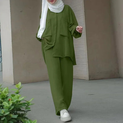 Frauen Casual Muslimischen Anzug Solide Abaya Eid Ramadan Langarm Bluse + Hosen 2-teiliges Set Dubai Türkei Kaftan Frauen islamische Kleidung