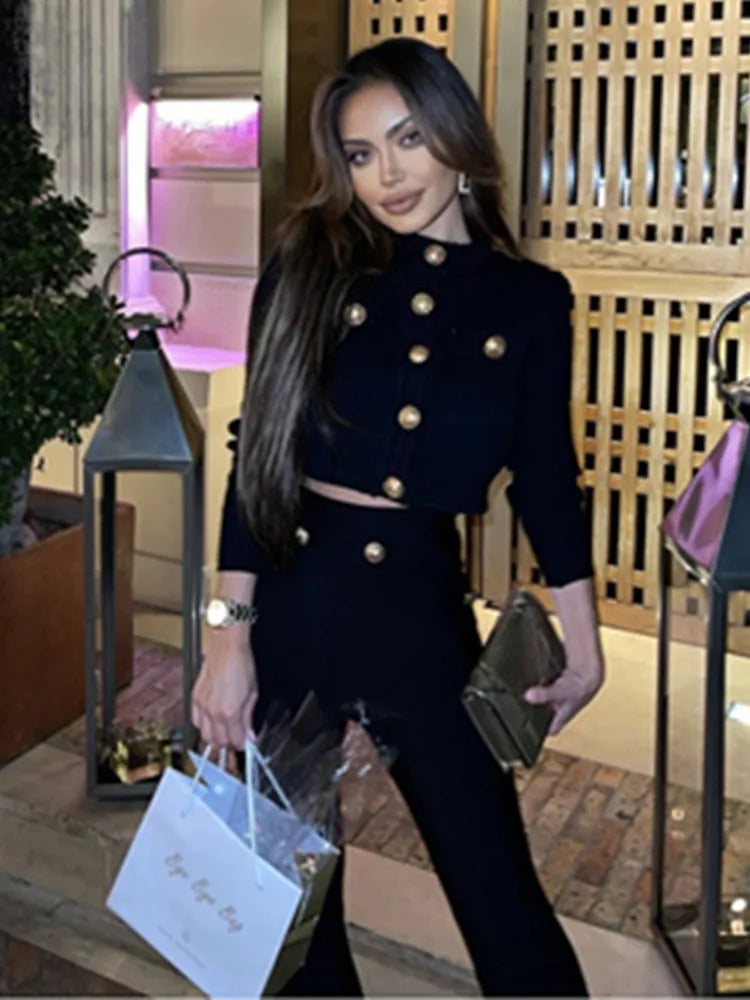 New Autumn Style Black Color Women Long Sleeve Button Rayon Bandage Coat Pants Fashion Women's Set High Street Celebrate Wear.