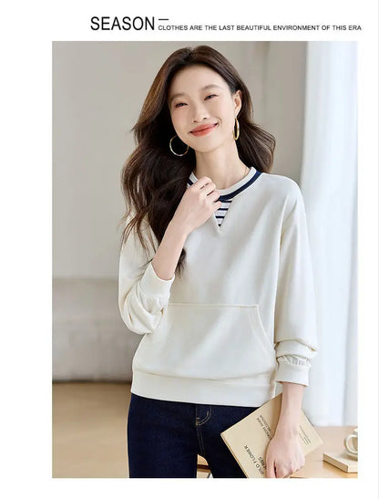 Apricot Round Neck Contrast Long Sleeve Womens Sweatshirt Stylish Casual Minimalist Top.