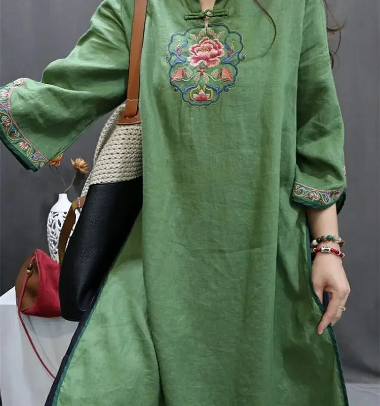 Damen-Bluse im Vintage-Stil aus Baumwolle und Leinen, mittellang, siebte Ärmel, Stickerei, ethnischer Rock mit lockerer Passform, chinesischer Stil.