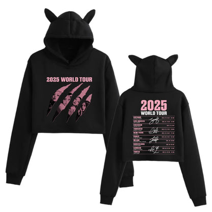 2025 Black World Tour Merch Cat Ears 2 Sided Long Sleeve Crop Tops Girls Fashion Hoodie.