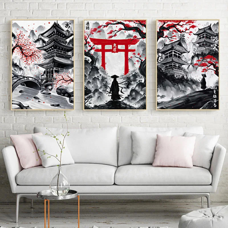 3pcs Frameless Japanese Natural Landscape Canvas Painting Black And Red Posters Vintage Ink Art Wall Prints For Living Room Home.