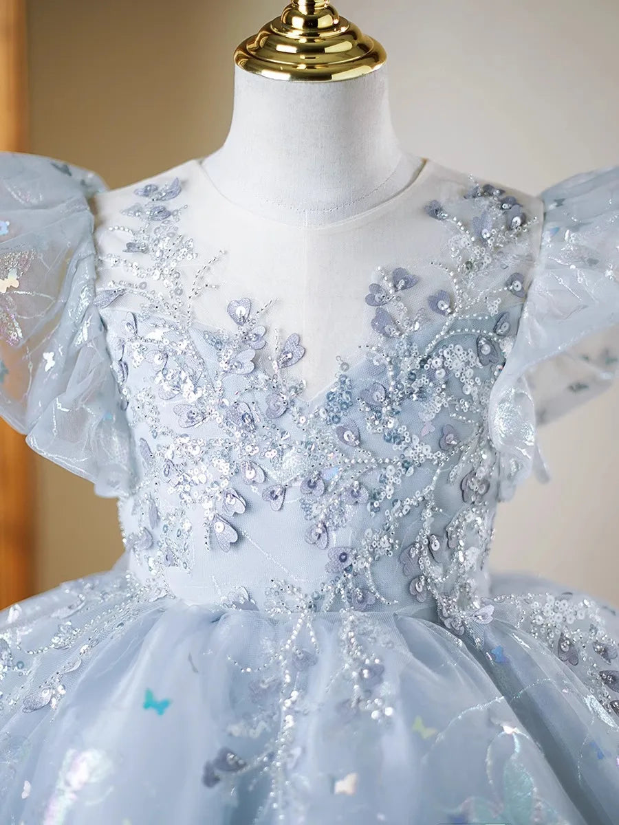 Blütenblattärmel Kleid Pailletten Mädchen Prinzessin Kleider Klavier Performance Kleider Teenager Kleidung Fliegende Ärmel Tutu Ballkleid.
