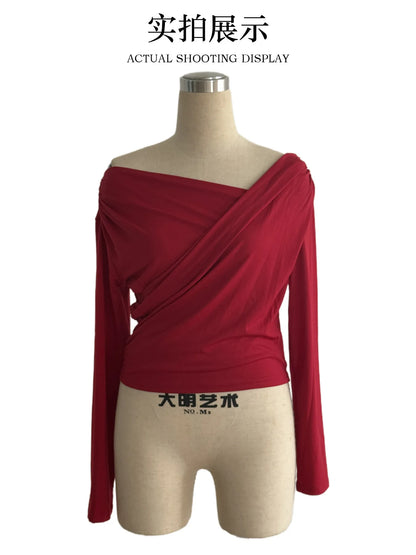 2025 Autumn Winter 2025 Solid-color Fashion Tops for Women Long Sleeve Blouses One-shoulder Collar Slimming Shirts Office Lady.