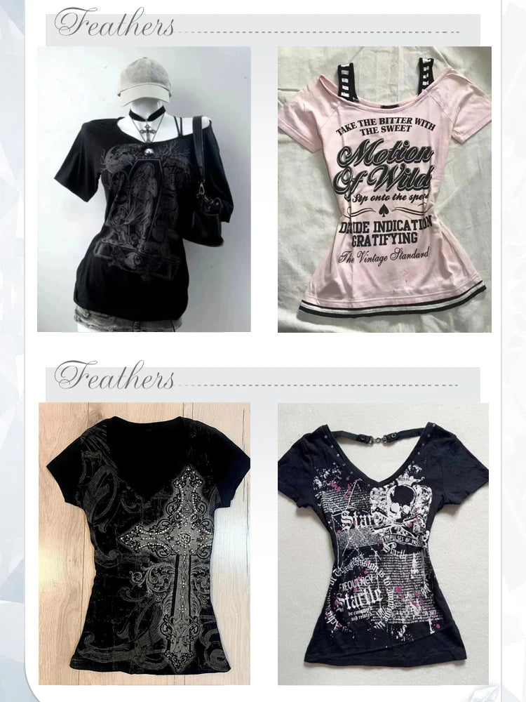 2025 Ropa Mujer Summer Tshirts for Women V-neck Short Sleeve Tunic Camisetas Pink Print Tees Crop Tops Casual Chic Y2k T-shirt.