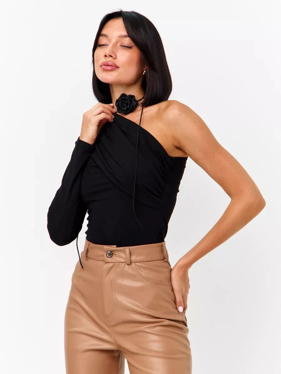 Women's One Shoulder Fit Sexy Night Club Blouse Top Women's Long Sleeve Fitted Elegant With Open Shoulder And Draping Shirt Top.