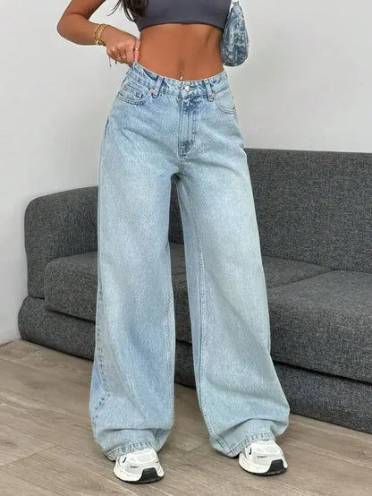Retro High Waist Commuter Light Color INS Straight Leg Slimming Versatile Wide Leg Floor Length Pants Jeans.
