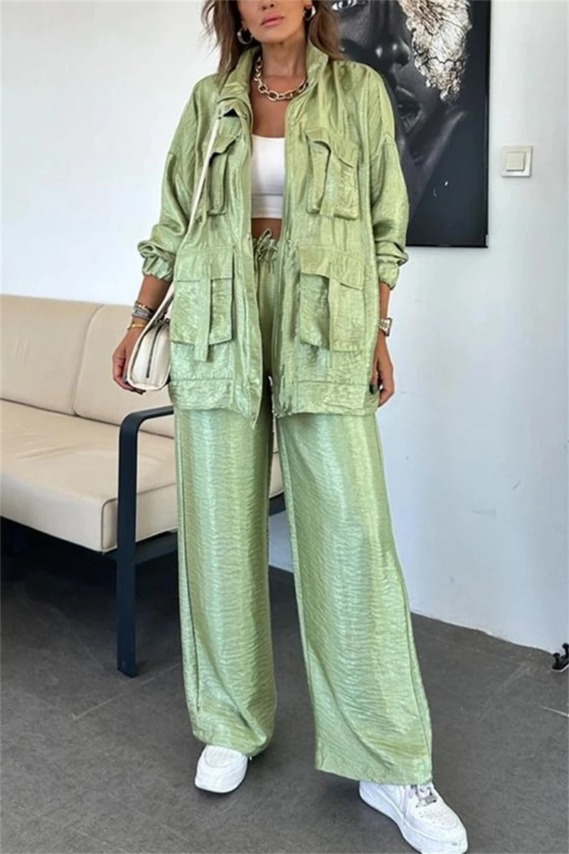 Streetwear 2 Piece Sets Women Outfit Spring Clothes Women 2025 Solid Pocket Jacket Top and Pant Sets Safari Style Tracksuits Set.