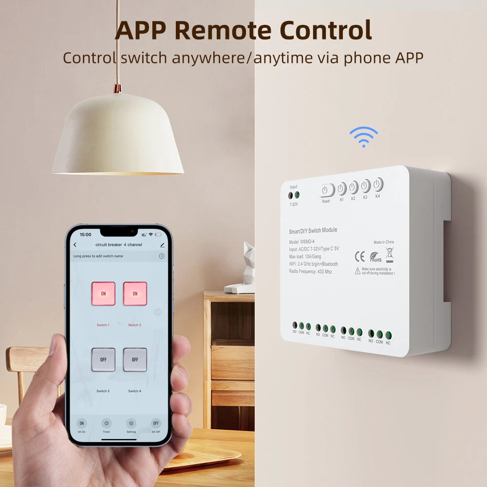 AVATTO Tuya WiFi 4-Kanal-Schaltmodul, 7–32 V/85–250 V RF433 Fernbedienungsrelais-DIY-Modul, funktioniert mit Alexa, Google Home, Alice.