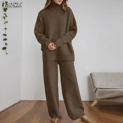ZANZEA Gestrickte 2-teilige Hosen-Sets für Damen, lässig, lockerer Rollkragen, Langarm-Pullover und Hosenanzüge mit weitem Bein, tägliche Outfits