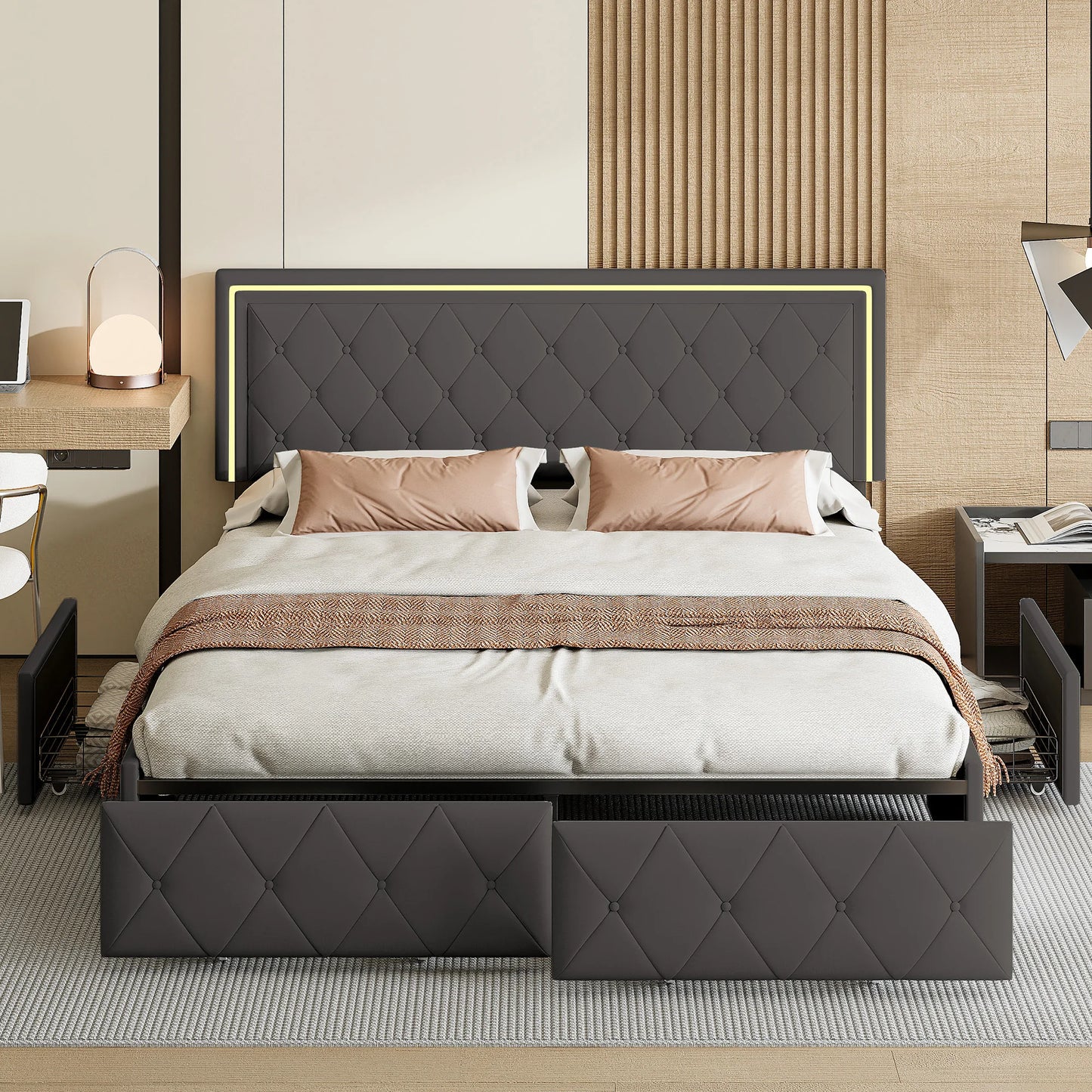 Lazyspace 4 Schubladen + RGB-LED-Kopfteil-Bettgestell, PU-Polsterbett, moderne Queen-Size-Einzel-Doppelbetten, Schlafzimmermöbel