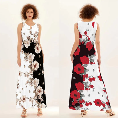 Blumendruck Neues lässiges ärmelloses langes Kleid Damen V-Ausschnitt bedrucktes Kleid Swing Bohemian Retro Kleider