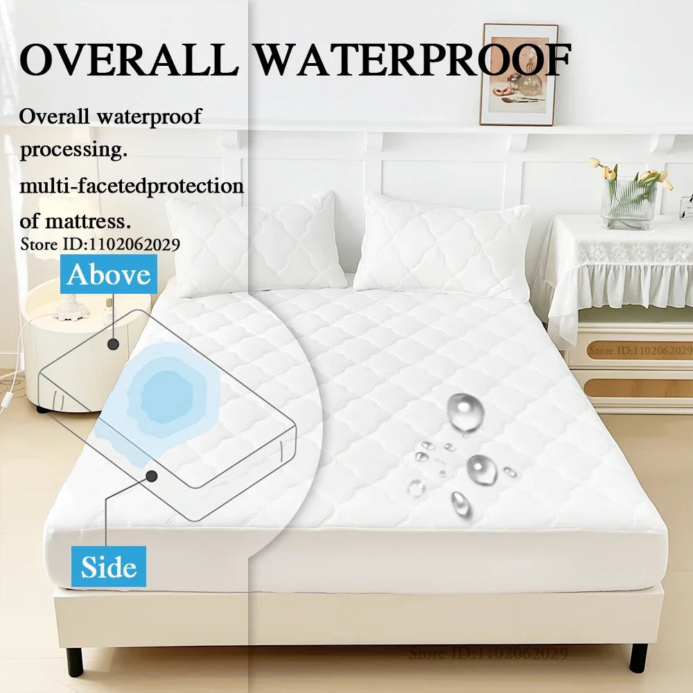 Throw Mattress Cover Bed Fitted Sheet Waterproof Mattress Bedspread Protector Pads Single/Double/King/Queen Full Size Gray/White.