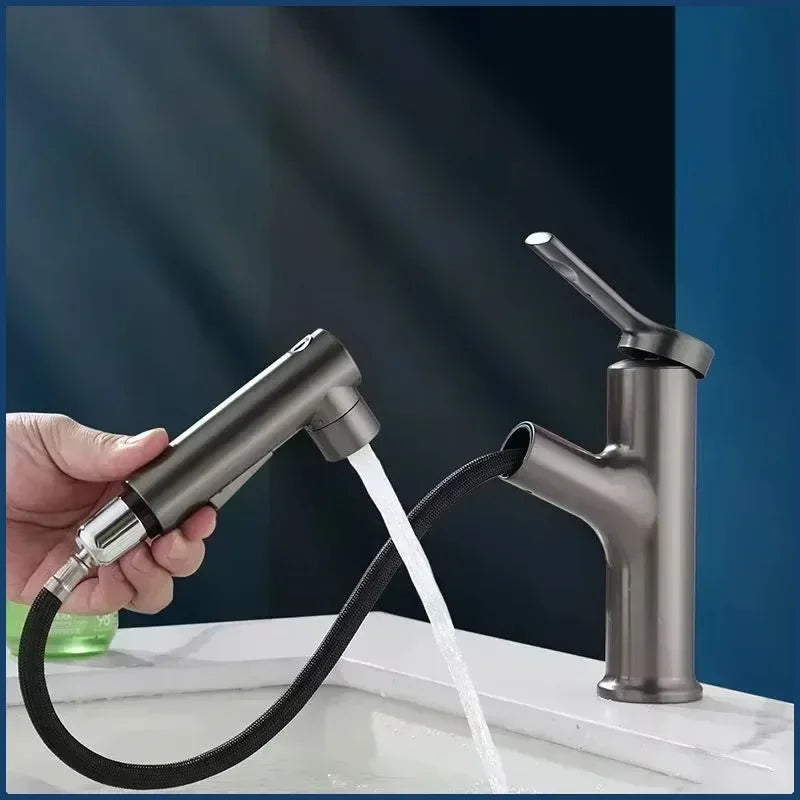 Single Handle Dual Hole Hot Cold Brass Washbasin Faucet 3 Function Stream Sprayer Pull Out Basin Sink Mixer Tap for Bathroom