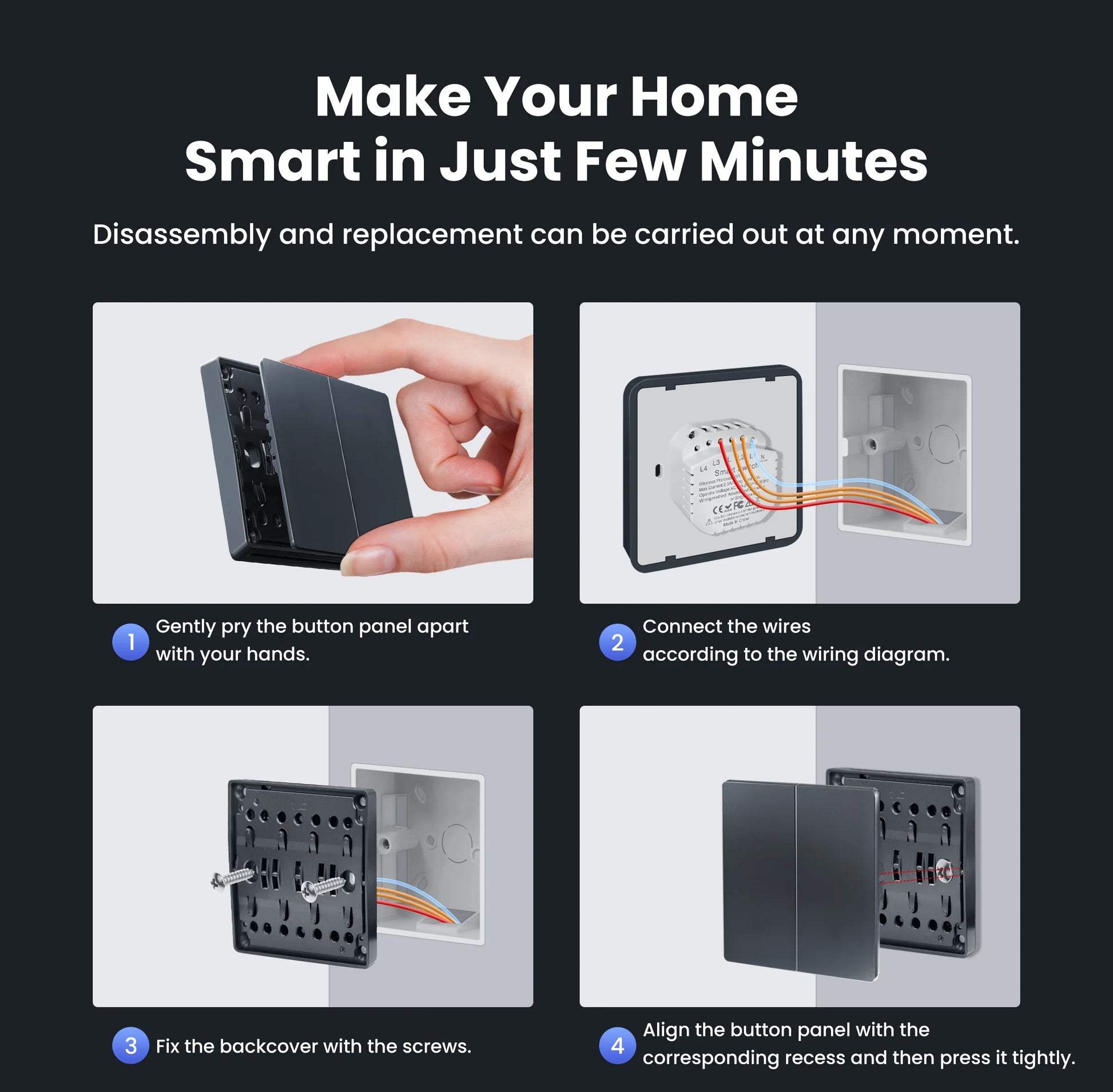 GIRIER Smart Lichtschalter WiFi Druckknopf Wandschalter Neutralleiter erforderlich 1/2/3/4 Gang Funktioniert mit Tuya Alexa Google Home.