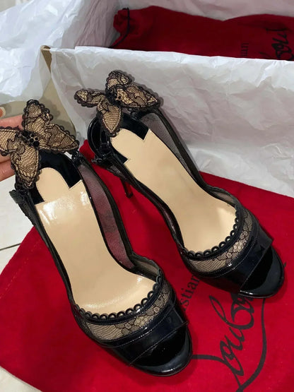 2025 Women's New in Black Lace Butterfly Sexy Pumps Stilettos Peep Toe High Heels Leather Luxury Designer Party Chic Shoes.