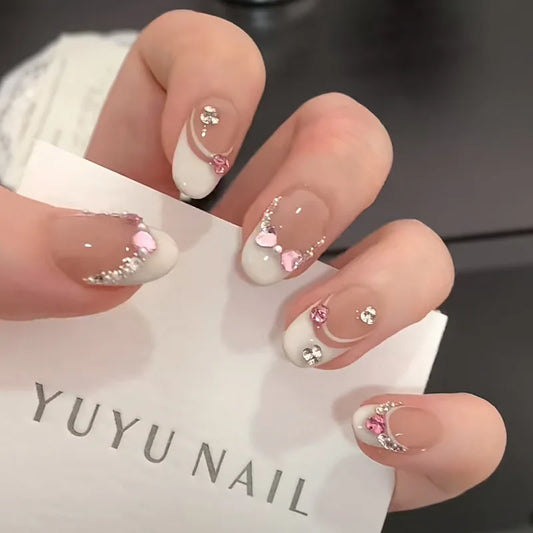 10Pcs White French Pink Heart Diamond Manicure Art Gentle Sweet Short Oval Artificial Wearing Nails Patch Full Cover Press Ons.