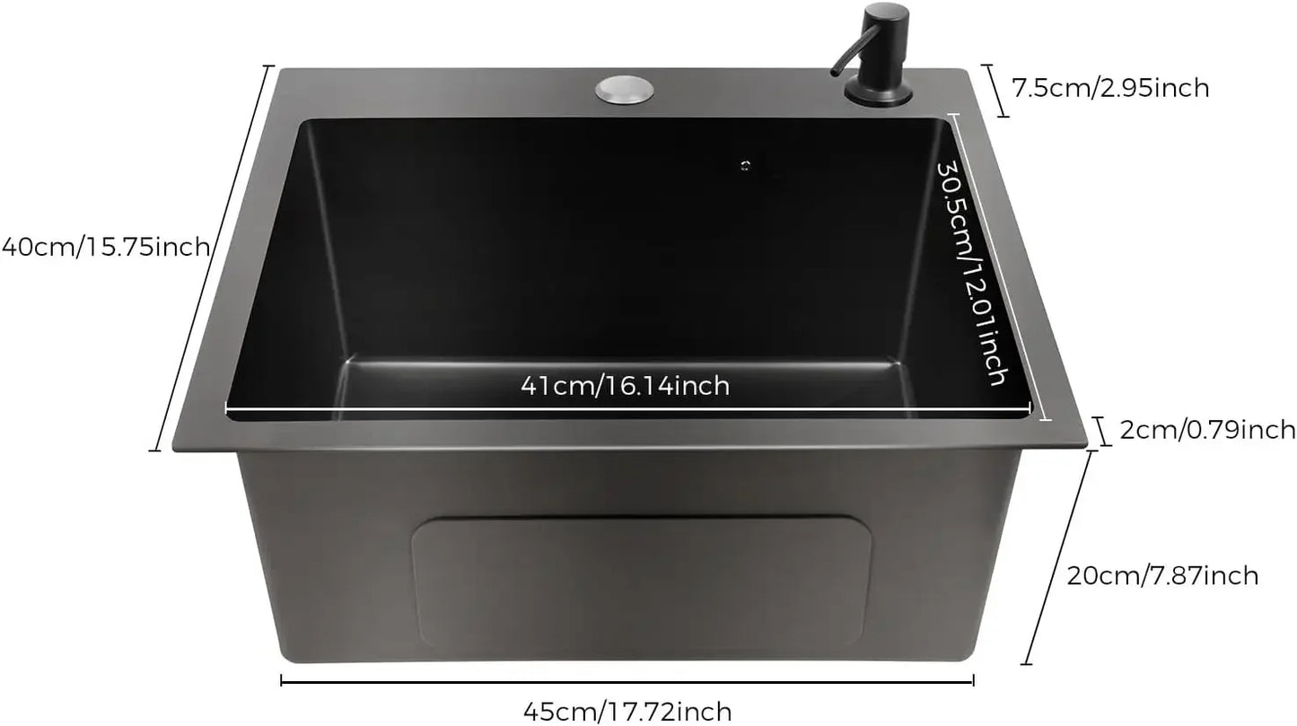 Küchenspüle, Schwarz, 45 x 40 cm, Küchenspüle, 1 Waschbecken, Edelstahl, quadratisch, moderne integrierte Spüle (ohne Wasserhahn)