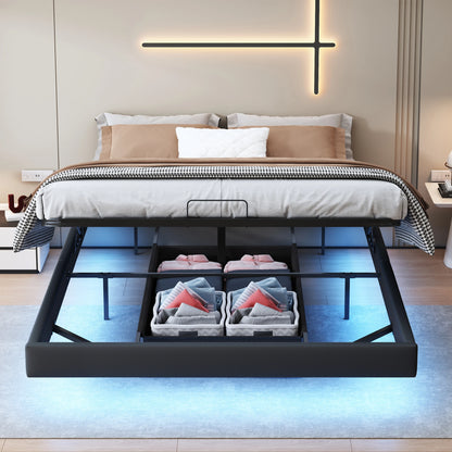 Lazyspace 160 x 200 cm großes Doppelbett mit Stauraum, schwebendes Bett ohne Kopfteil, Unterbett mit LED-Leuchten, schwarzes PU, ohne Matratze