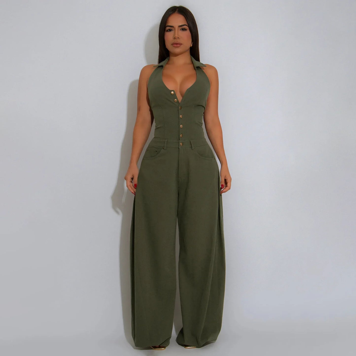 Fashionable Backless Casual Romper with Pockets for Women Summer Breathable Lightweight Solid Color One-Piece Suit.