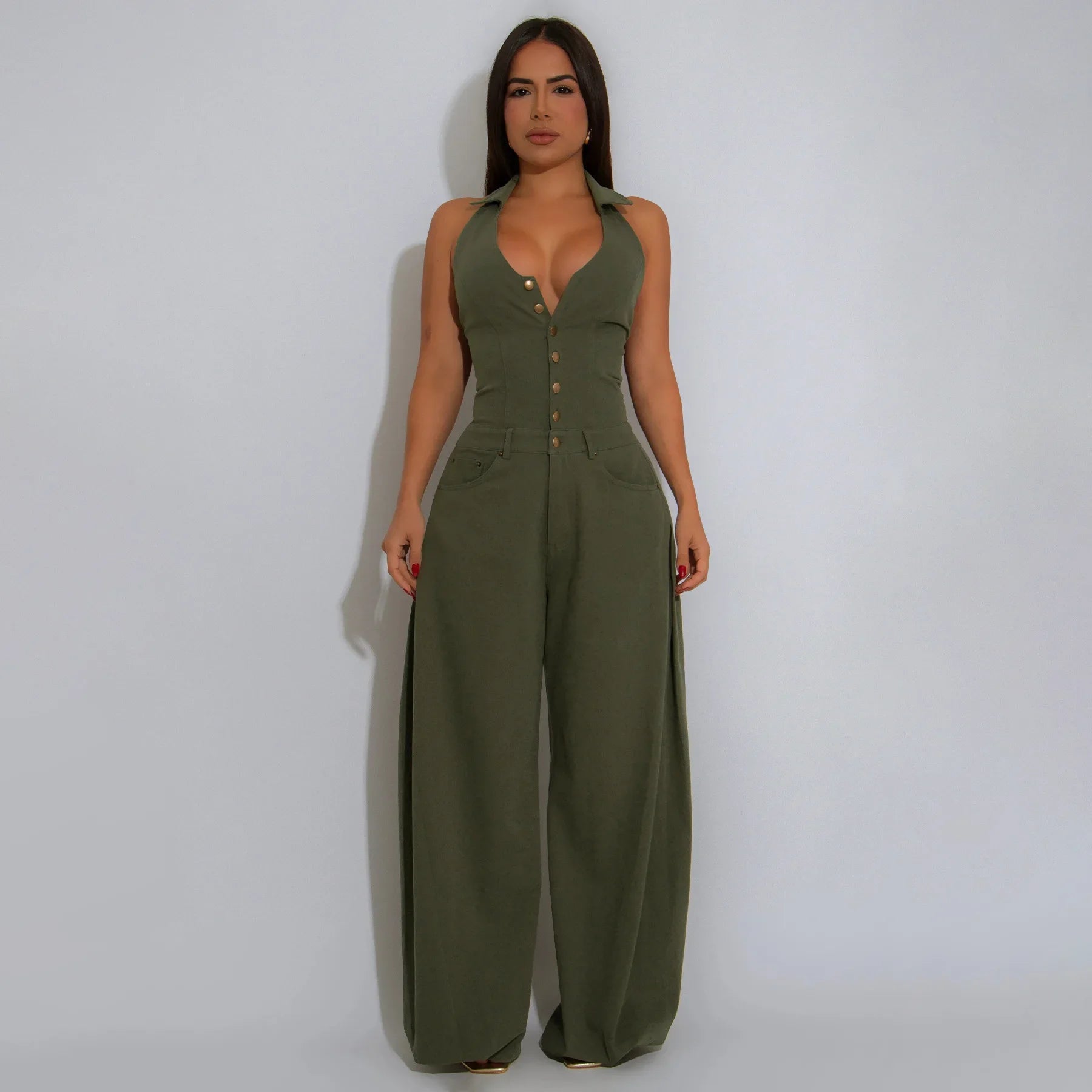 Fashionable Backless Casual Romper with Pockets for Women Summer Breathable Lightweight Solid Color One-Piece Suit.
